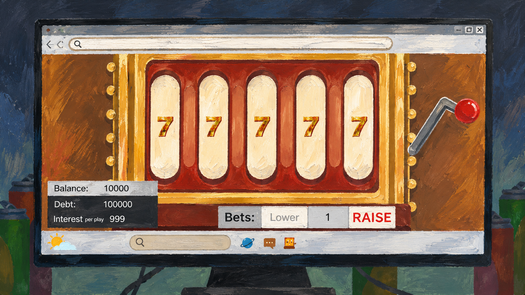 Hand-painted adaptation: The Bet You Can't Win gameplay screenshot showing a slot machine, balance, debt and betting controls