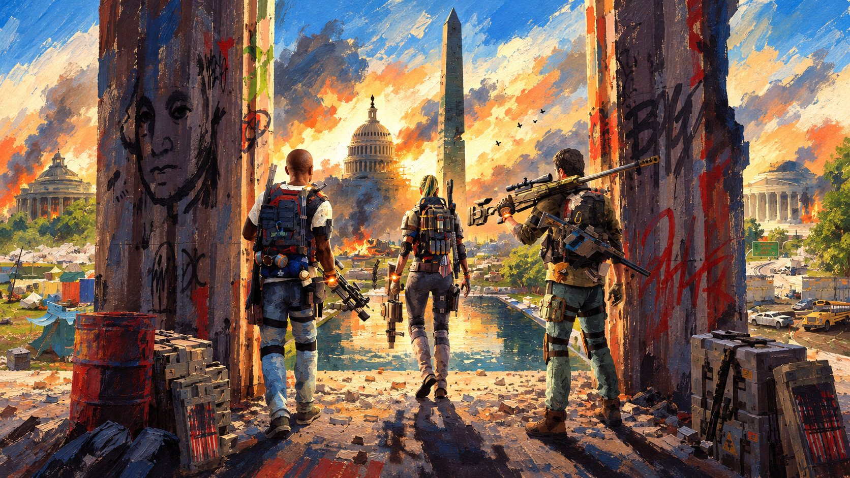 Hand-painted adaptation: Ubisoft Division 2 promotional artwork used in the portfolio, with three agents facing a ruined city