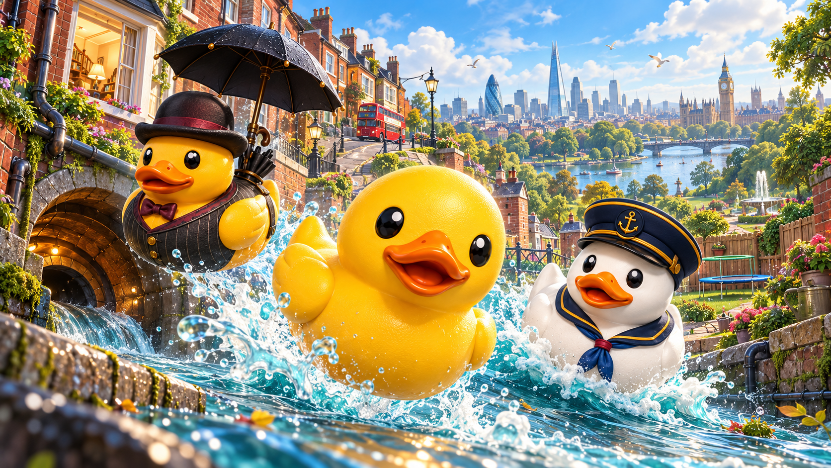 Portfolio concept poster showing rubber ducks on a London adventure