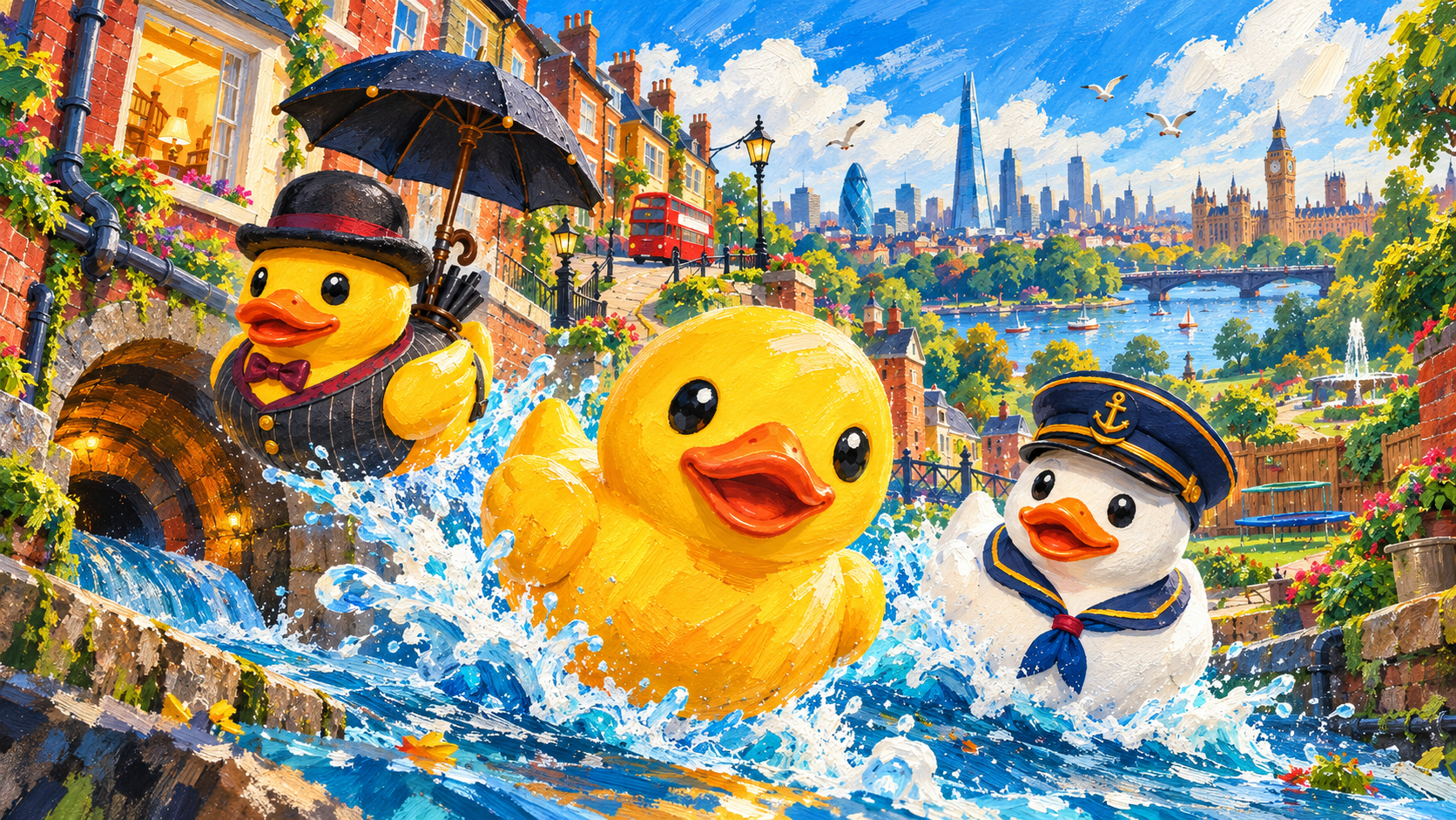 Hand-painted adaptation: Portfolio concept poster showing rubber ducks on a London adventure