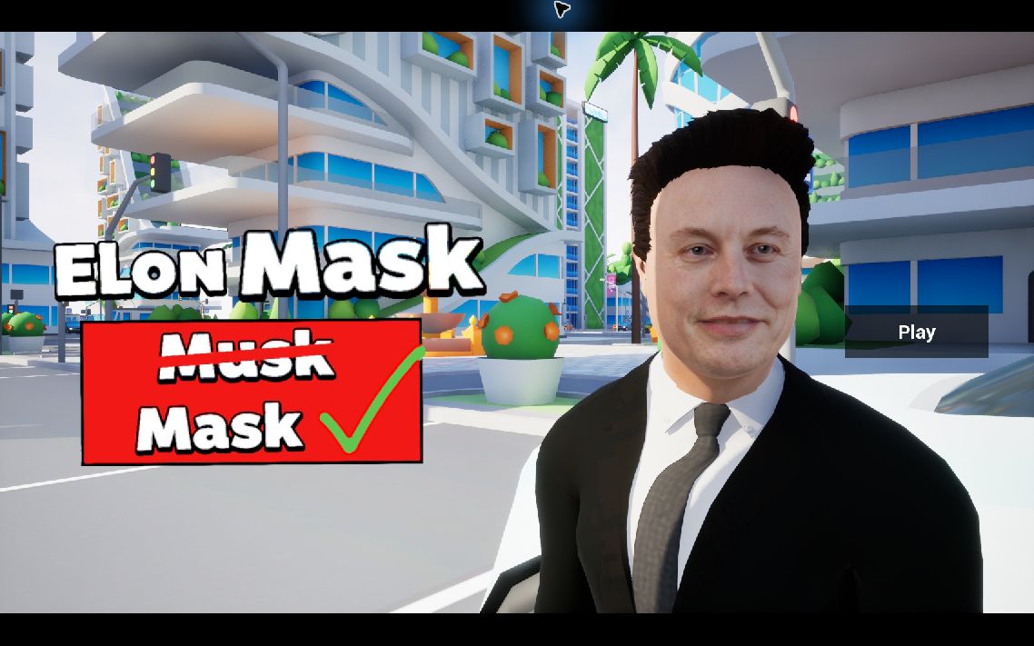 Elon Mask 游戏主菜单,标题与角色出现在城市街道前
