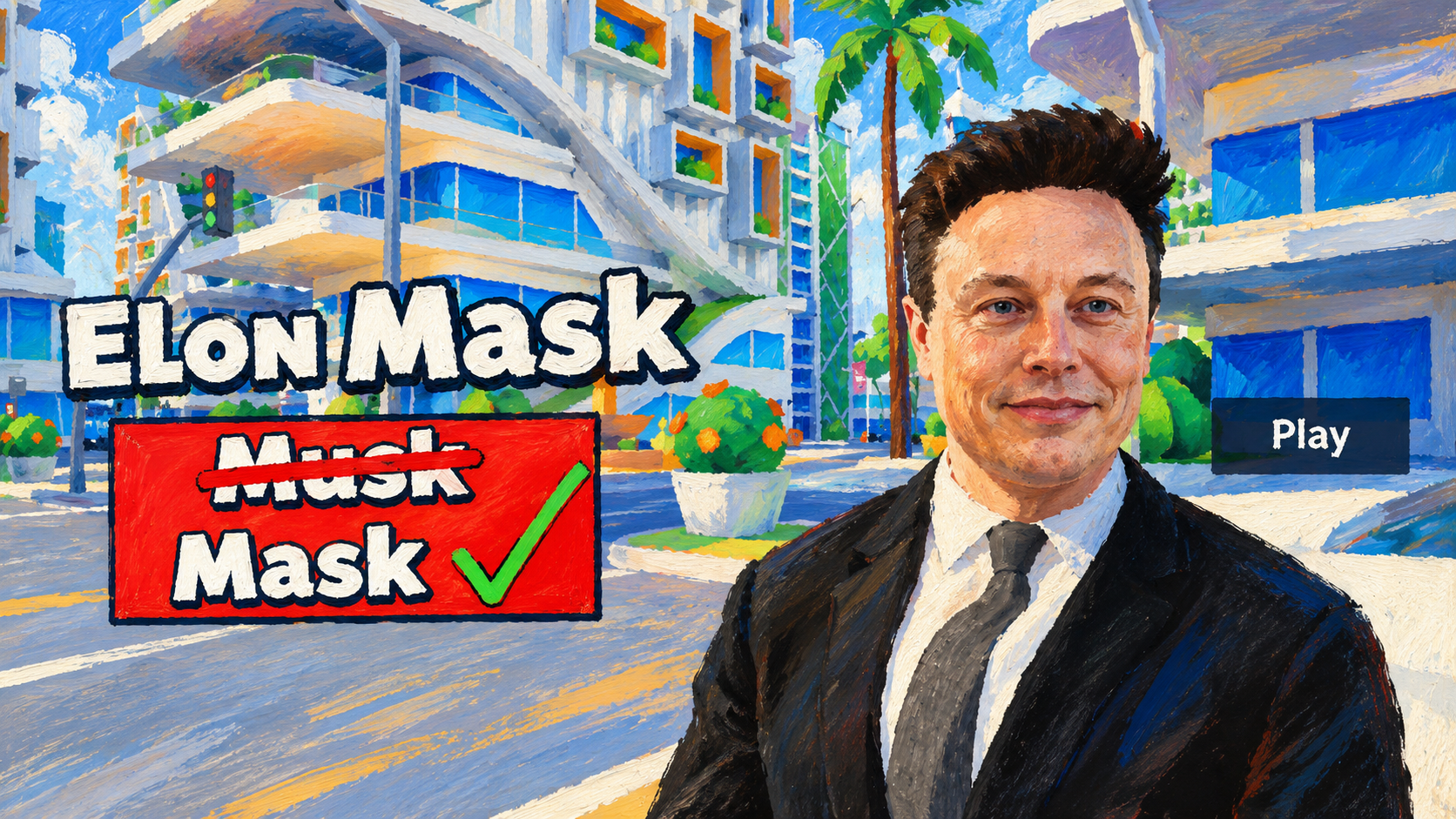 Hand-painted adaptation: Elon Mask game menu with its title and character in front of a city street