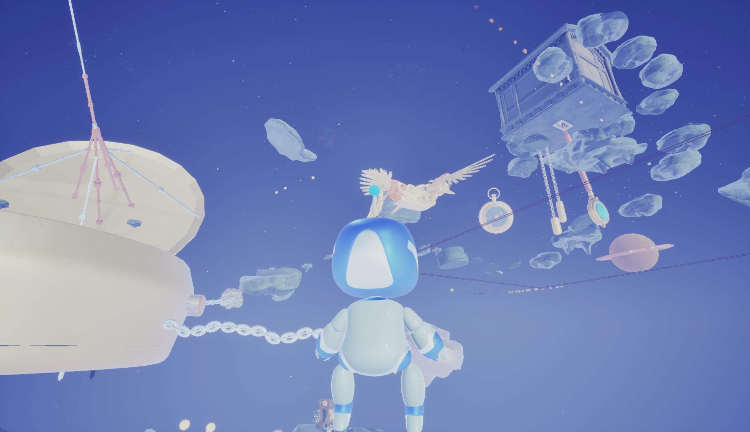 Journeyman team gameplay screenshot with a robot exploring space platforms and floating structures
