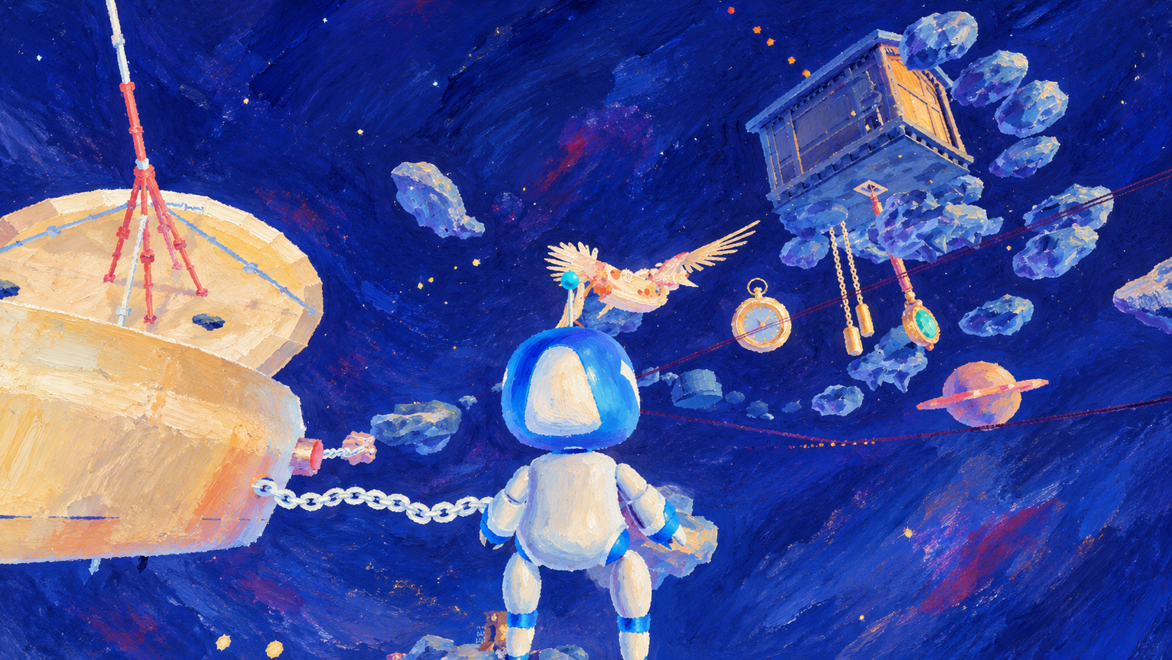 Hand-painted adaptation: Journeyman team gameplay screenshot with a robot exploring space platforms and floating structures