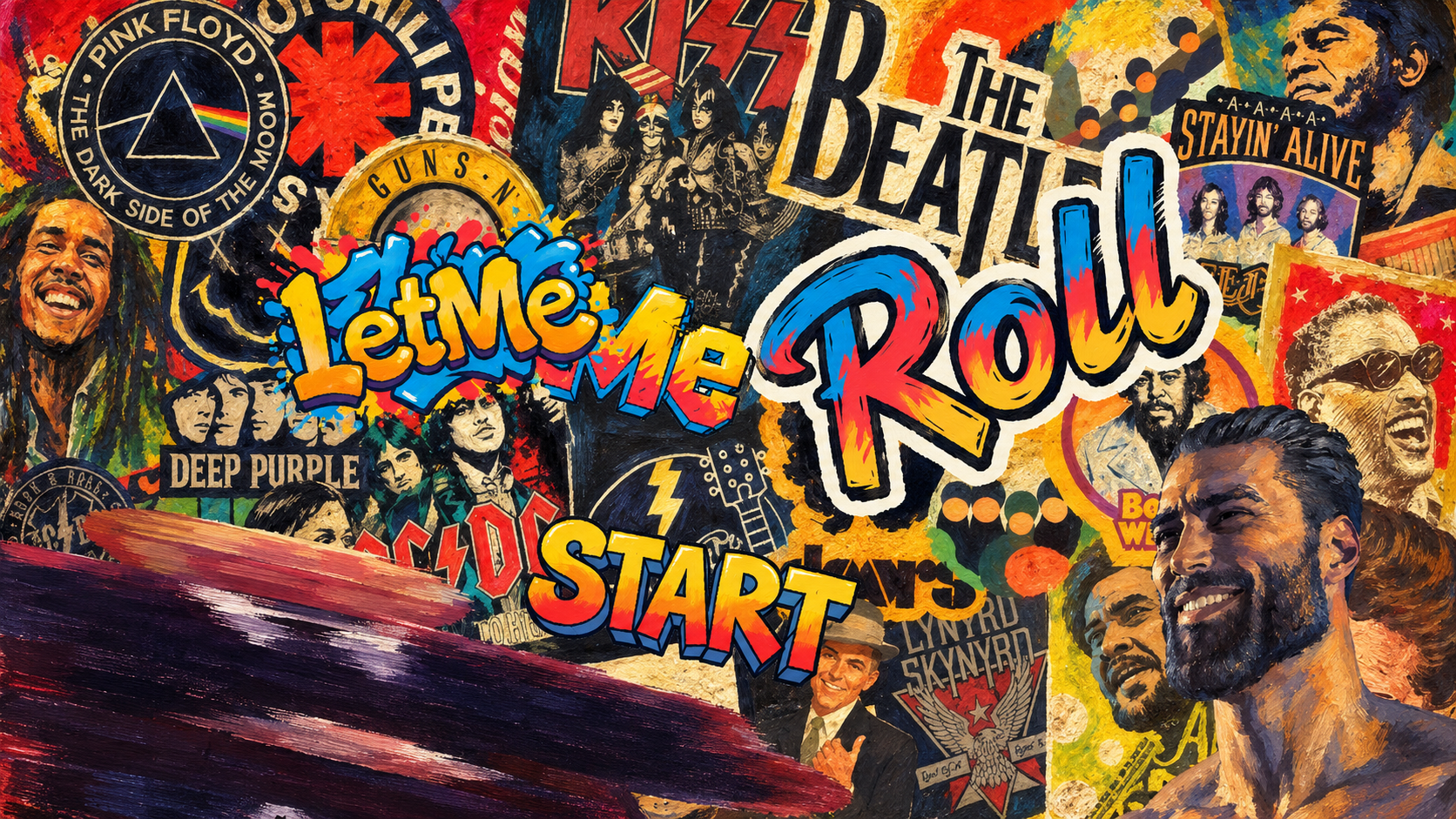 Hand-painted adaptation: Let Me Roll game menu with a colorful title and music-poster collage
