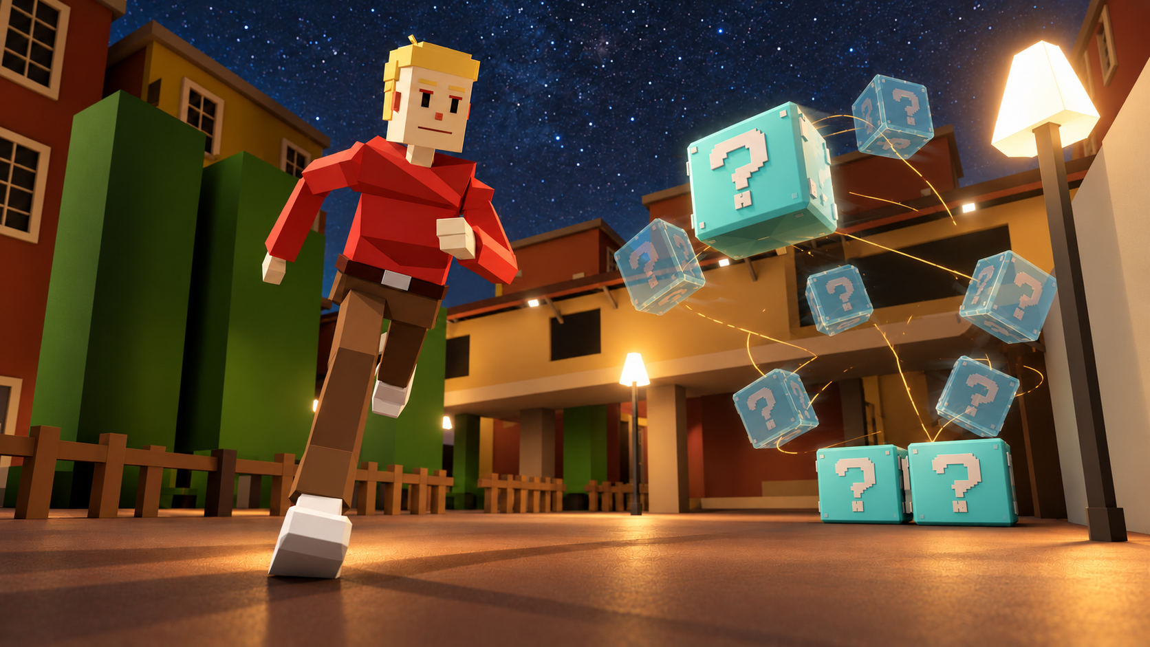 Portfolio mechanics concept poster with a character and floating question-mark cubes