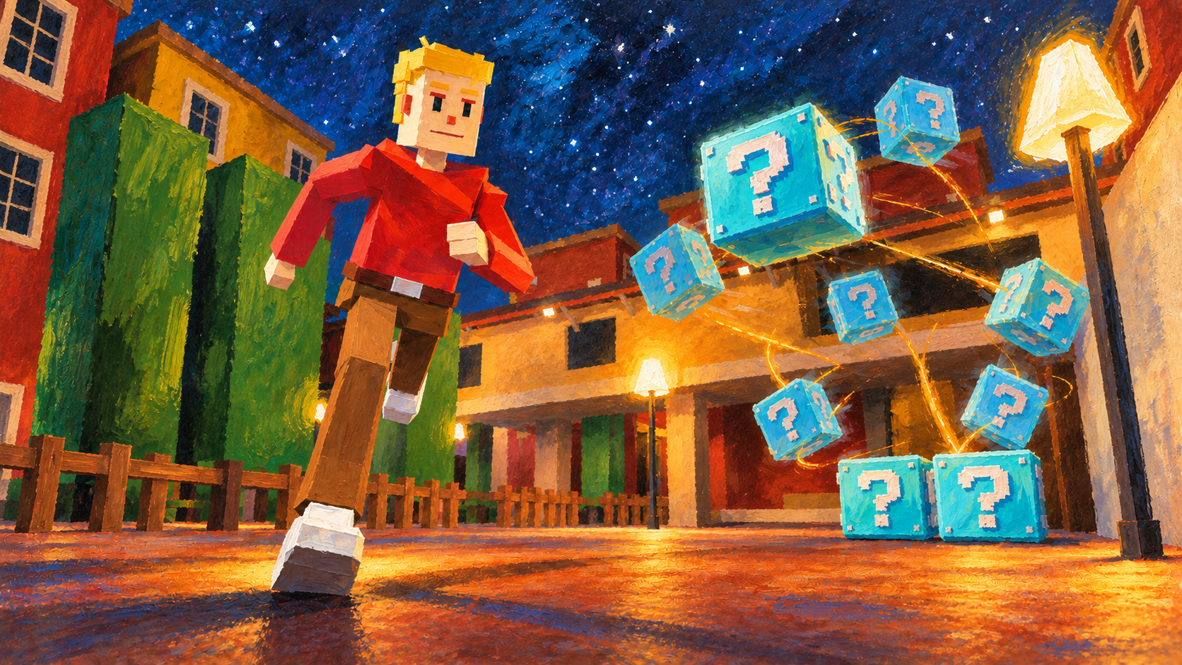 Hand-painted adaptation: Portfolio mechanics concept poster with a character and floating question-mark cubes