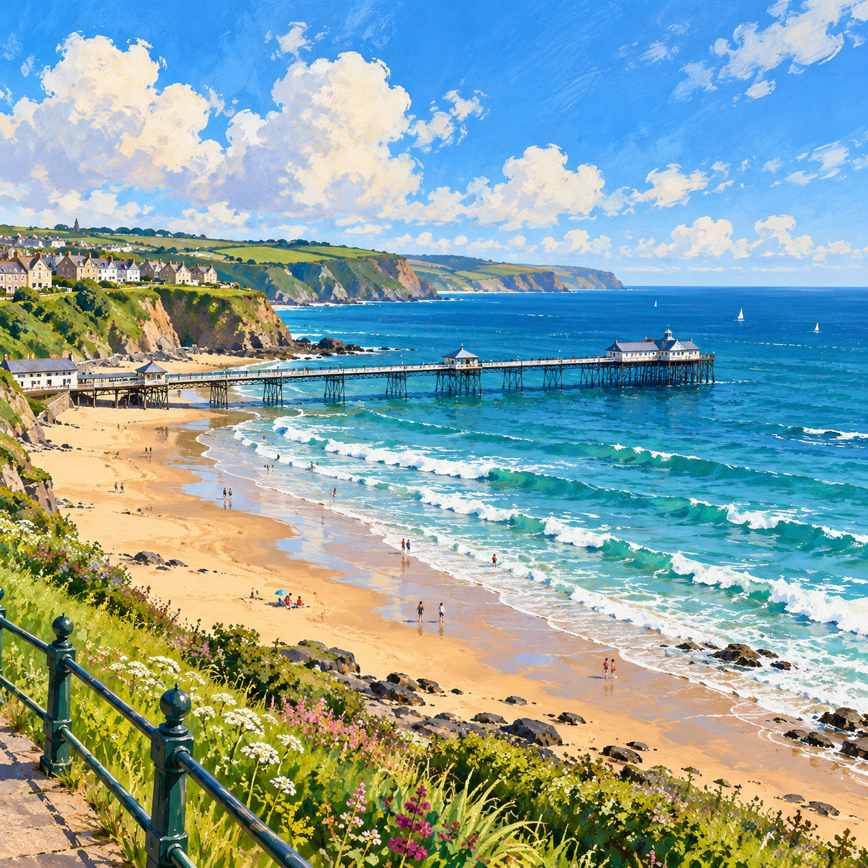 Original hand-painted coastal illustration inspired by Saltburn-by-the-Sea, with a pier extending into the blue sea